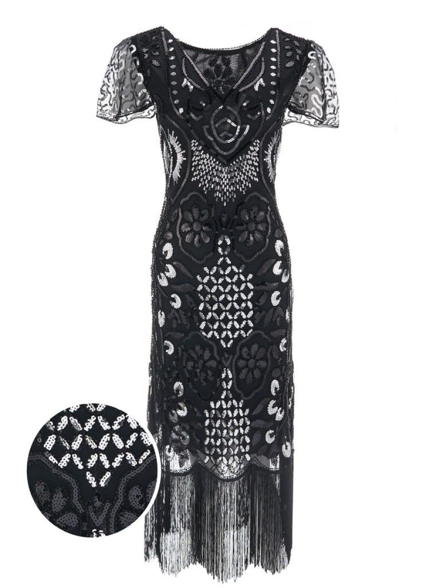 Clothing Retro Stage | 1920S Floral Tassel Sequined Dress