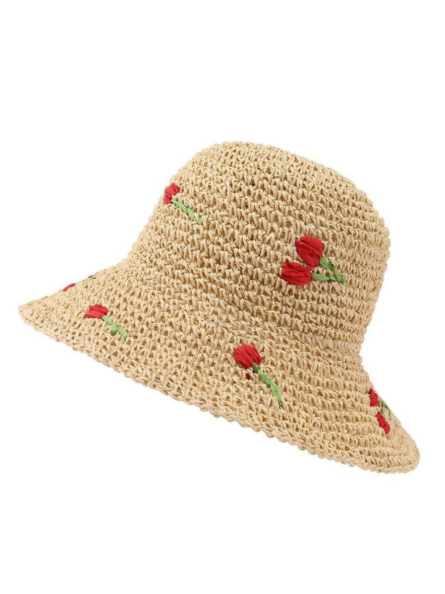 Accessories Retro Stage | Beige Retro Rose Straw Sun Hat