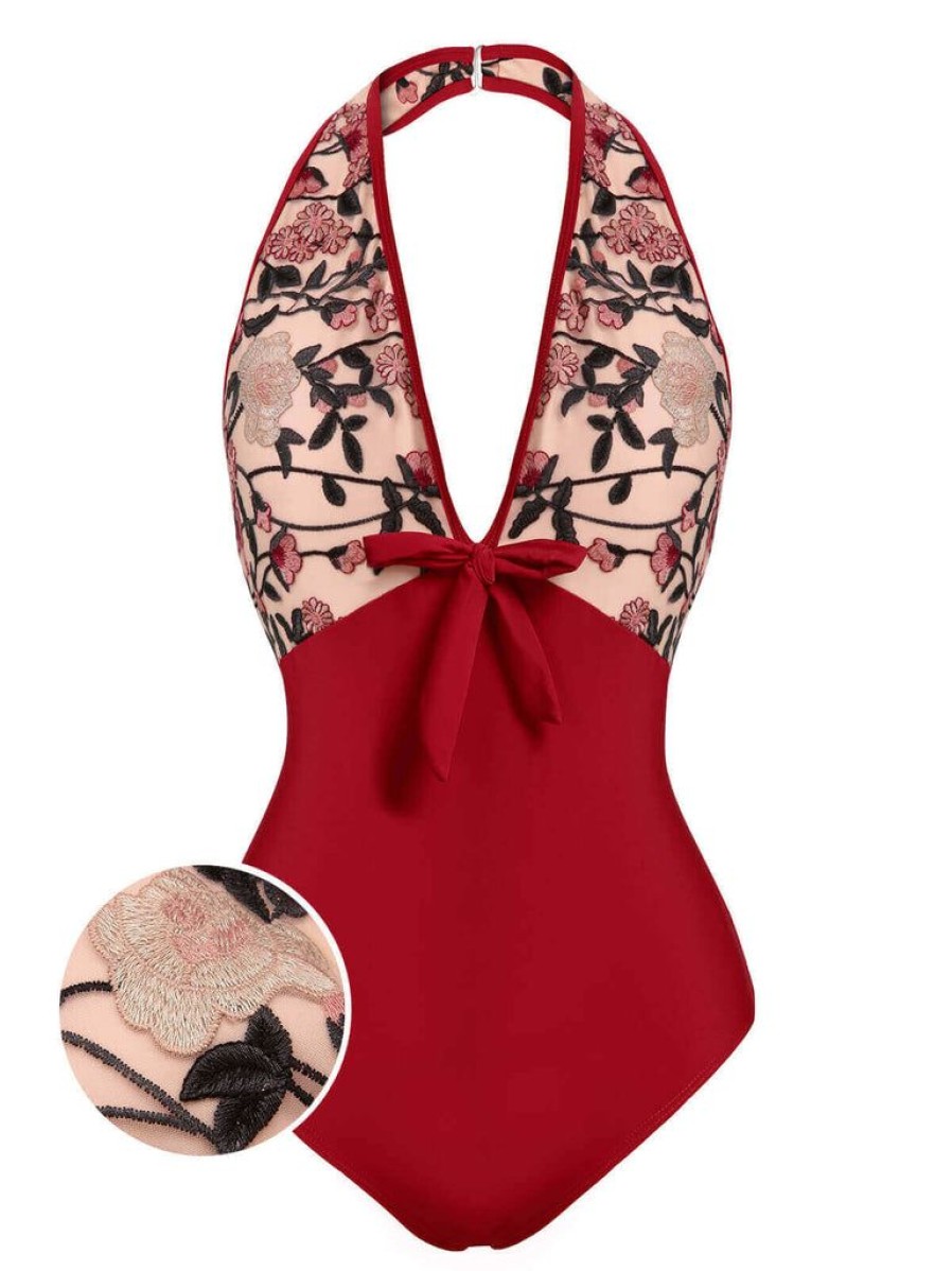 Clothing Retro Stage | 1950S Floral Backless Swimsuit Wine Red