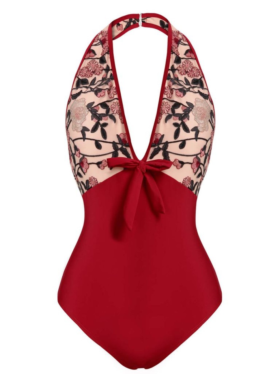 Clothing Retro Stage | 1950S Floral Backless Swimsuit Wine Red