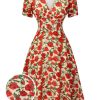 Clothing Retro Stage | 1940S Rose V-Neck Swing Dress Red