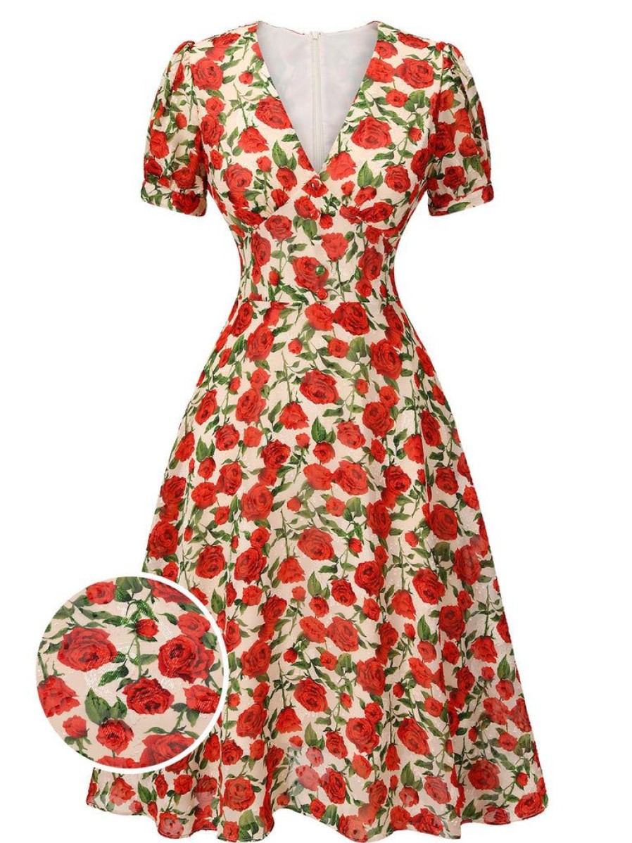 Clothing Retro Stage | 1940S Rose V-Neck Swing Dress Red