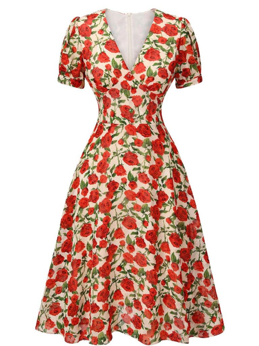 Clothing Retro Stage | 1940S Rose V-Neck Swing Dress Red