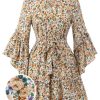 Clothing Retro Stage | 1960S Floral Flared Long Sleeve Dress With Belt Beige