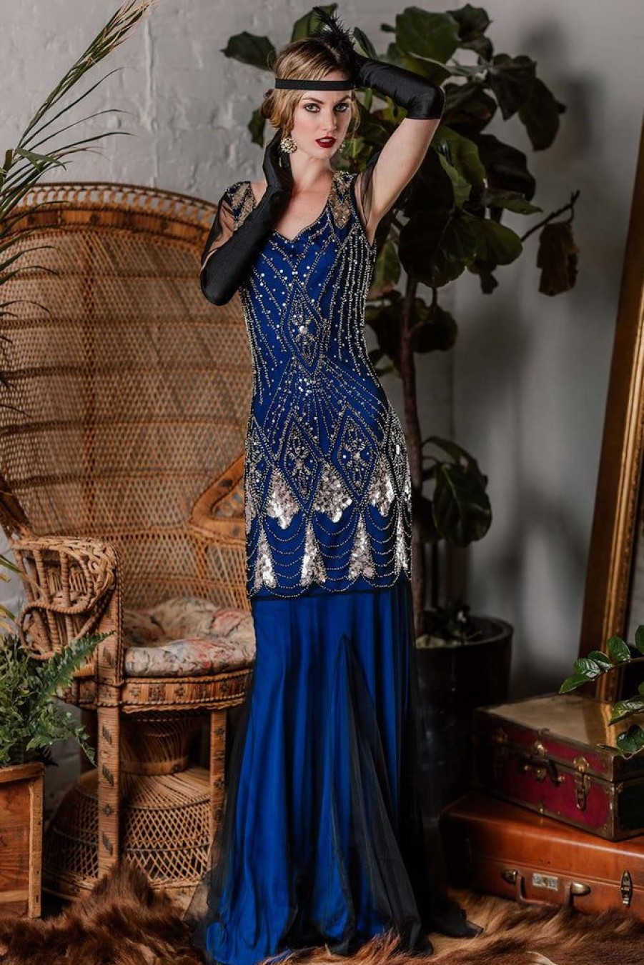 Clothing Retro Stage | [Clearance] 1920S Sequined Maxi Flapper Dress Blue