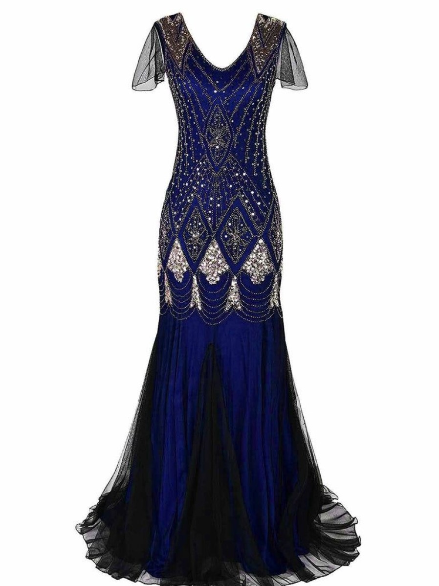 Clothing Retro Stage | [Clearance] 1920S Sequined Maxi Flapper Dress Blue