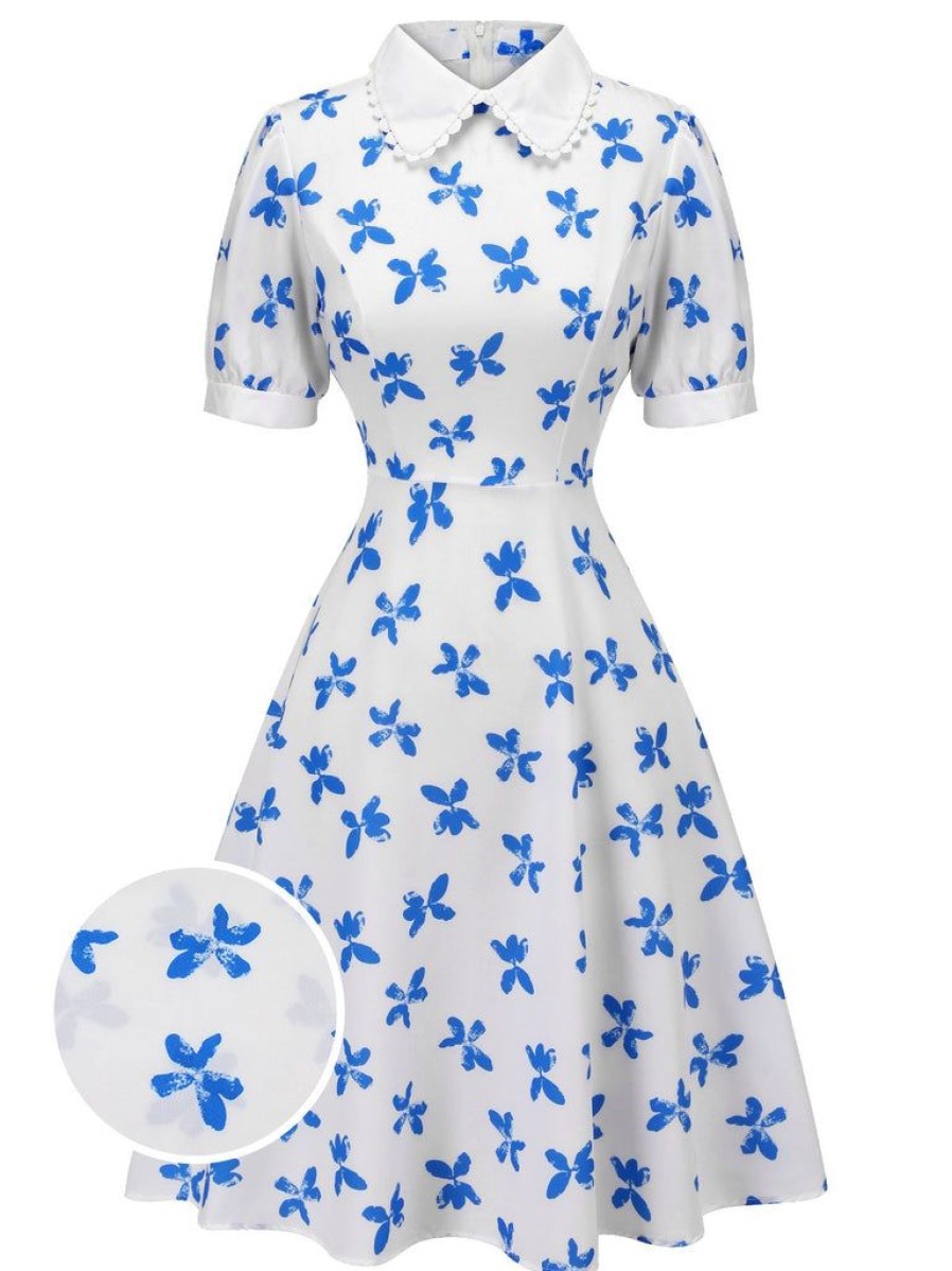 Clothing Retro Stage | 1940S Blue Butterfly Doll Neck Dress White