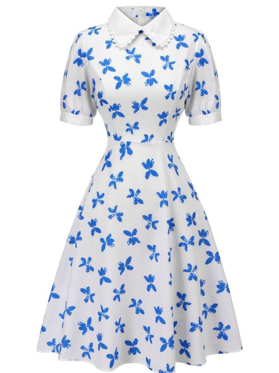 Clothing Retro Stage | 1940S Blue Butterfly Doll Neck Dress White