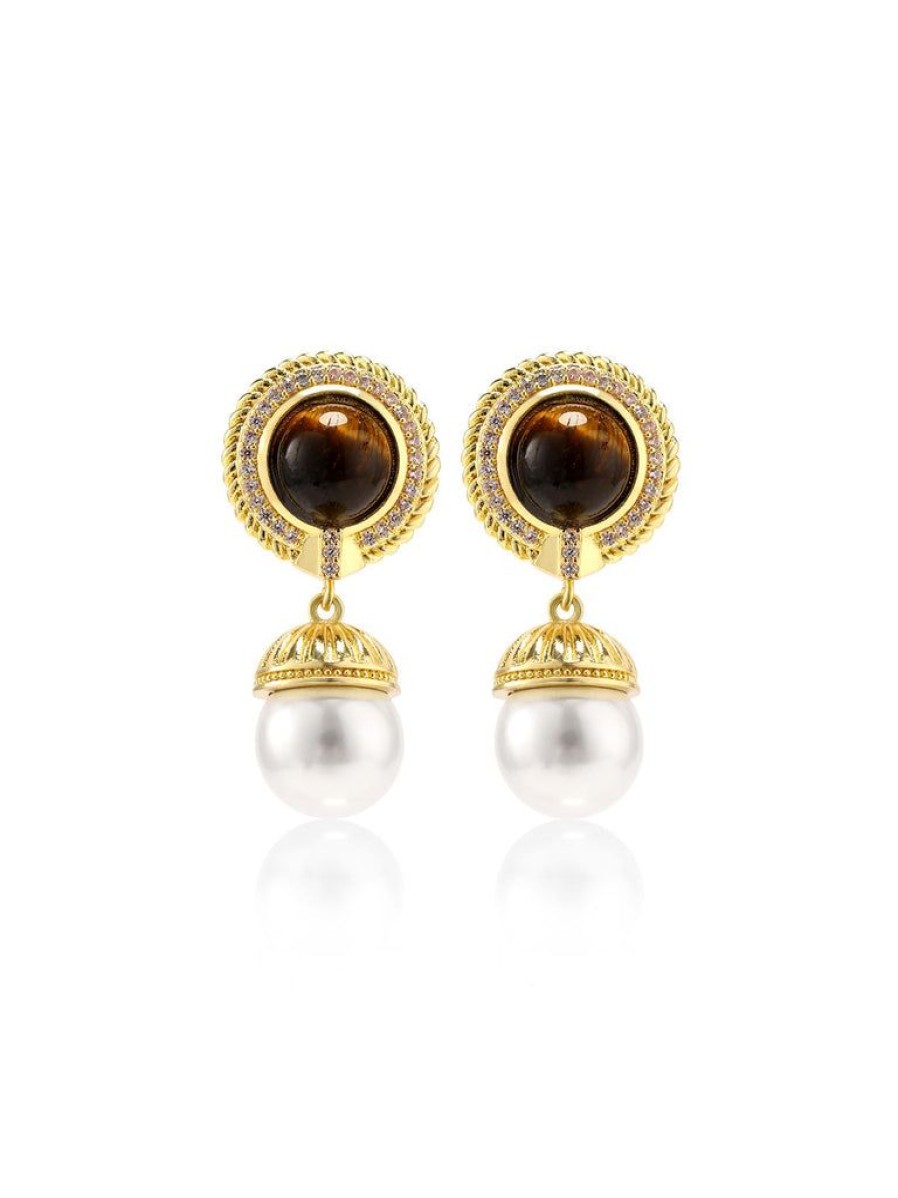 Accessories Retro Stage | Dark Brown Retro Round Pearl Earrings