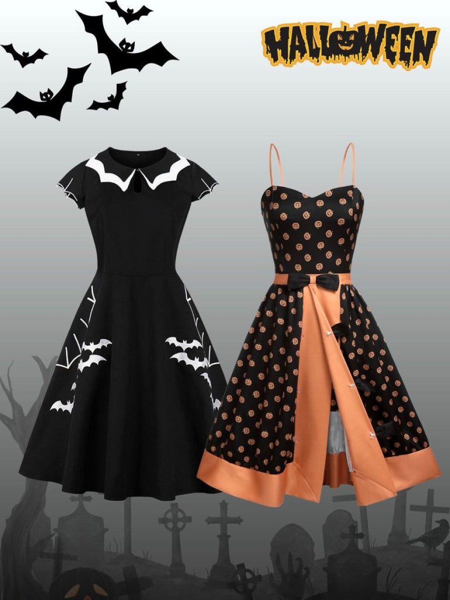 Clothing Retro Stage | [Plus Size] 1950S Bat Swing Dress Black