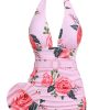 Clothing Retro Stage | 1930S Roses Halter Belt Swimsuit Pink