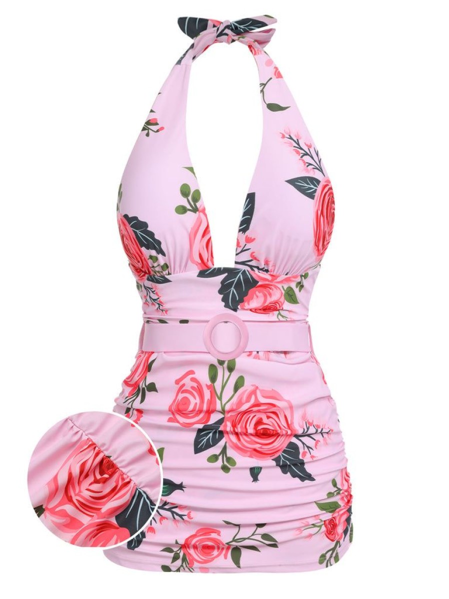 Clothing Retro Stage | 1930S Roses Halter Belt Swimsuit Pink