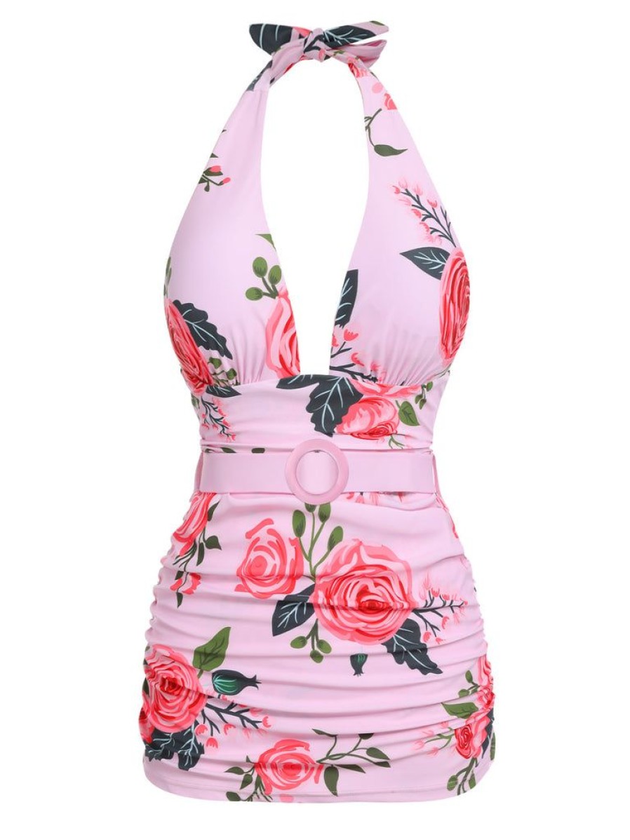 Clothing Retro Stage | 1930S Roses Halter Belt Swimsuit Pink