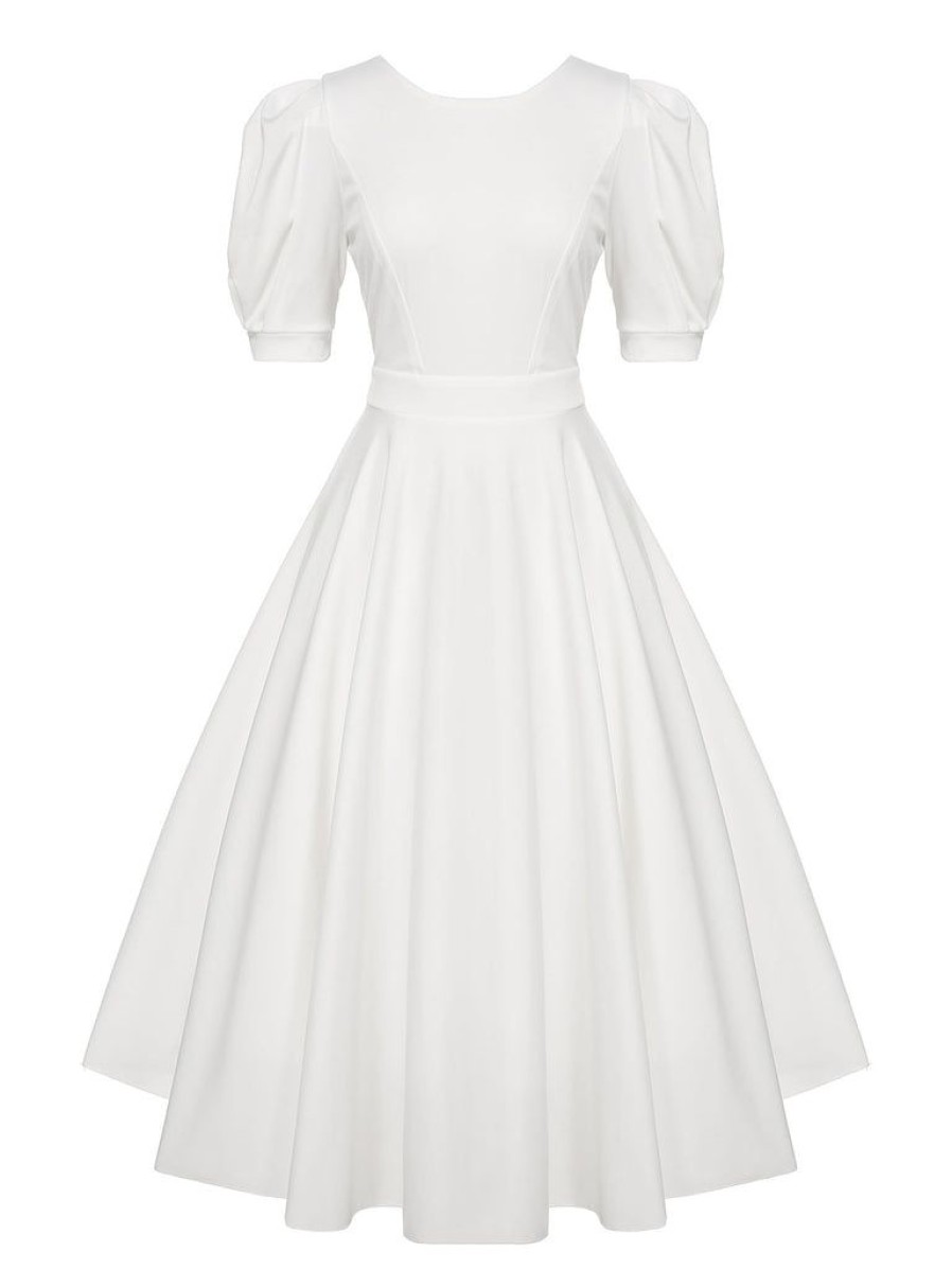 Clothing Retro Stage | 1950S Solid Puff Sleeve Swing Dress White