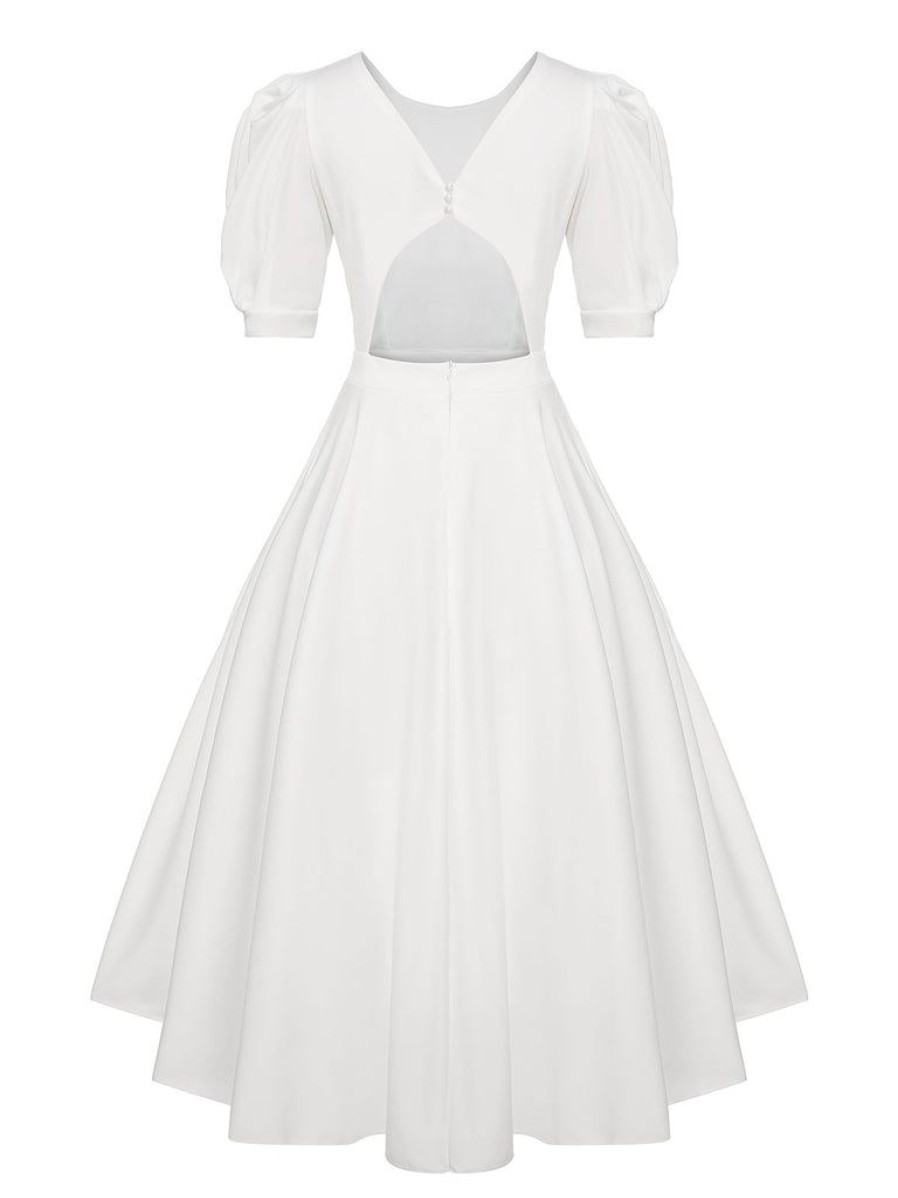 Clothing Retro Stage | 1950S Solid Puff Sleeve Swing Dress White