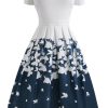 Clothing Retro Stage | 1950S Butterfly Off Shoulder Dress Blue