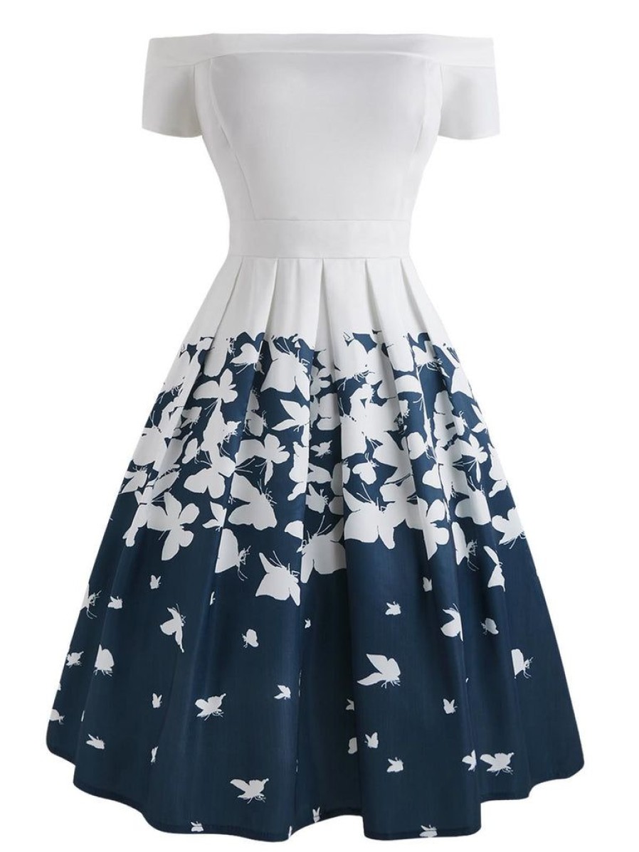 Clothing Retro Stage | 1950S Butterfly Off Shoulder Dress Blue