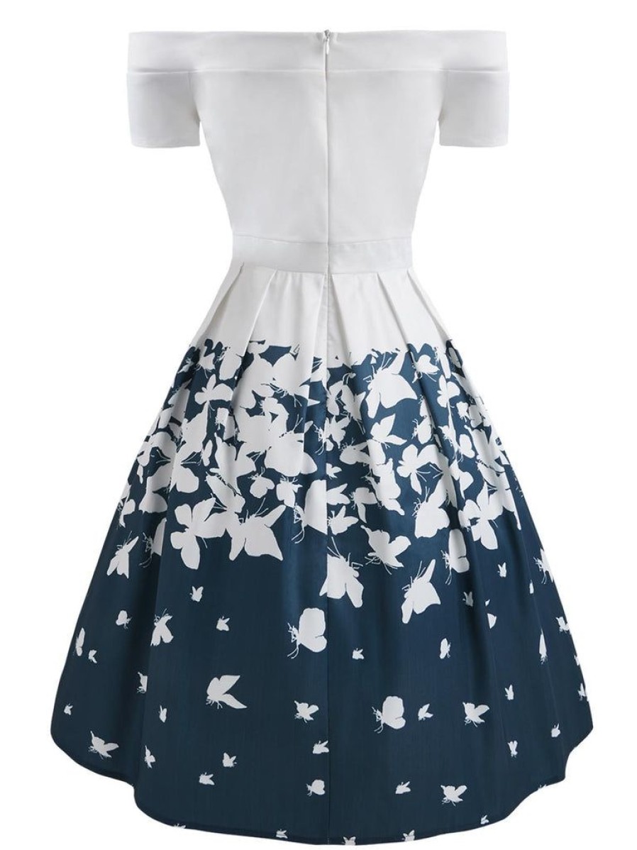 Clothing Retro Stage | 1950S Butterfly Off Shoulder Dress Blue