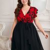 Clothing Retro Stage | [Plus Size] Black 1950S Red Floral Ruffle Sleeved Dress Black & Red