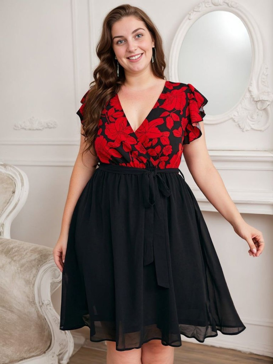 Clothing Retro Stage | [Plus Size] Black 1950S Red Floral Ruffle Sleeved Dress Black & Red