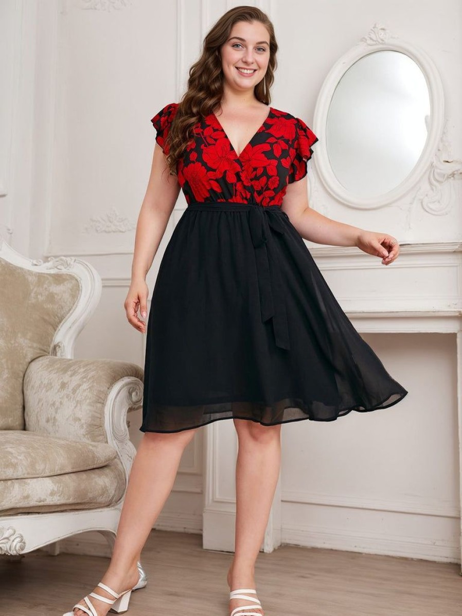 Clothing Retro Stage | [Plus Size] Black 1950S Red Floral Ruffle Sleeved Dress Black & Red