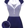 Clothing Retro Stage | 1930S Stripe Patchwork Swimsuit Navy Blue