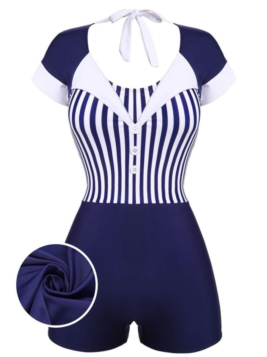 Clothing Retro Stage | 1930S Stripe Patchwork Swimsuit Navy Blue