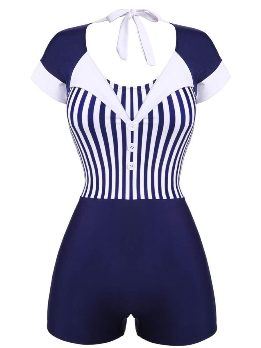 Clothing Retro Stage | 1930S Stripe Patchwork Swimsuit Navy Blue