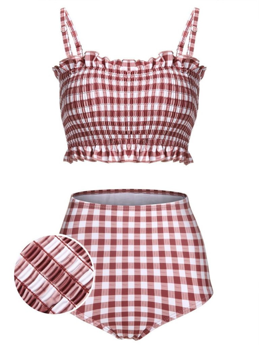 Clothing Retro Stage | 1940S Plaid Strap Ruffle Swimsuit Red