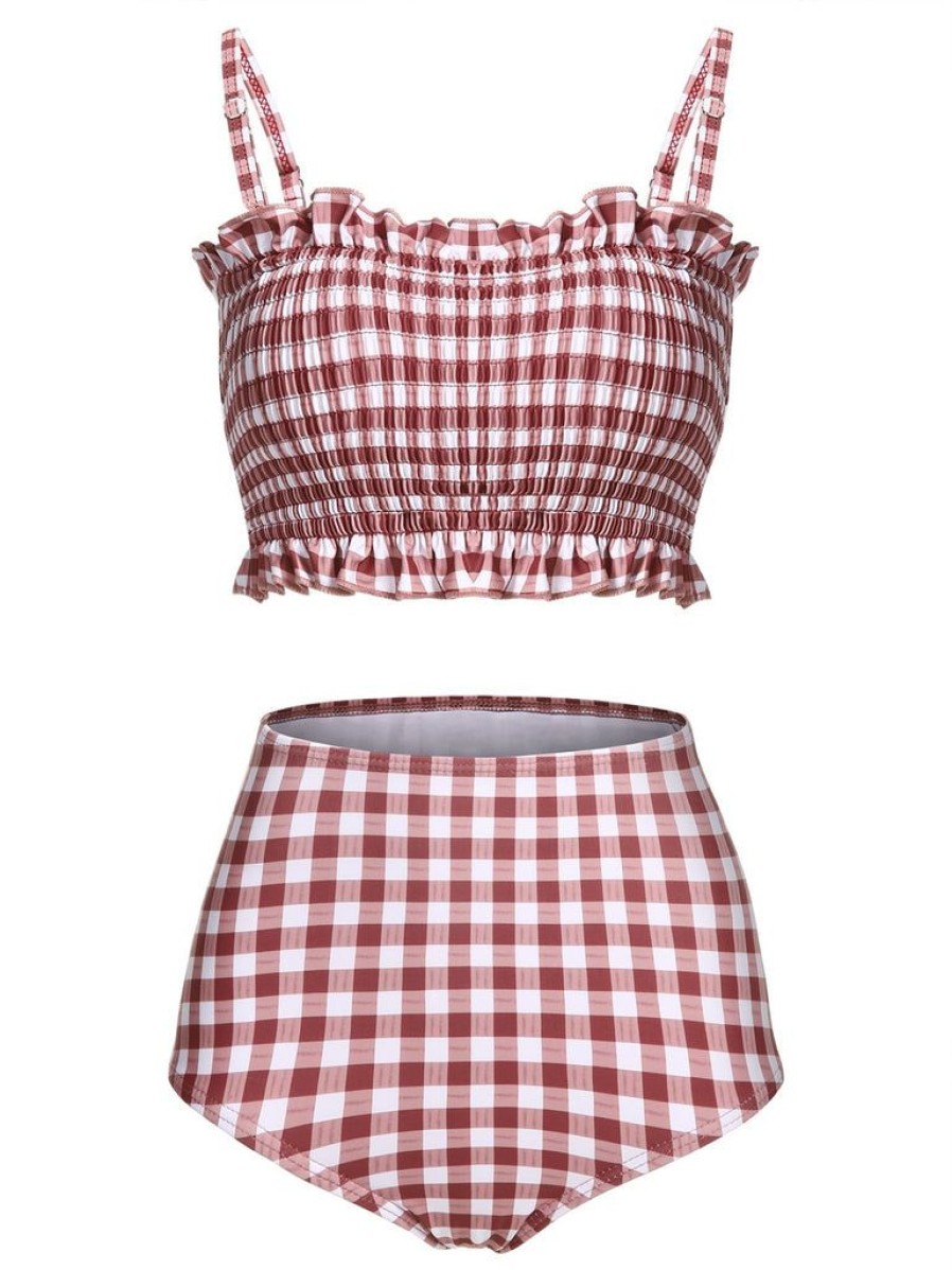 Clothing Retro Stage | 1940S Plaid Strap Ruffle Swimsuit Red