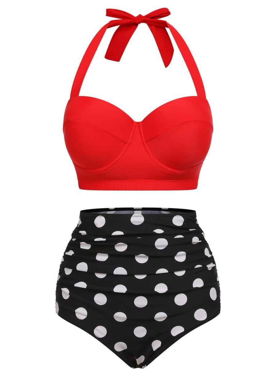 Clothing Retro Stage | 2Pcs 1940S Dots Halter Swimsuit Red