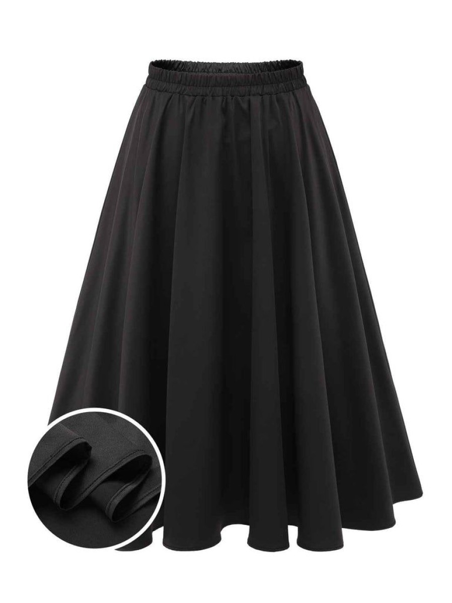 Clothing Retro Stage | 1950S Solid Elastic Waist Pleated Skirt Black