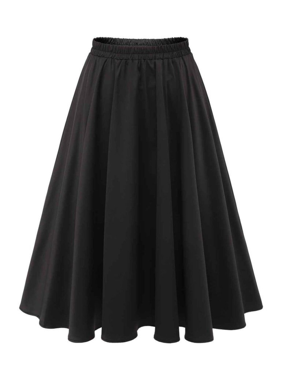 Clothing Retro Stage | 1950S Solid Elastic Waist Pleated Skirt Black