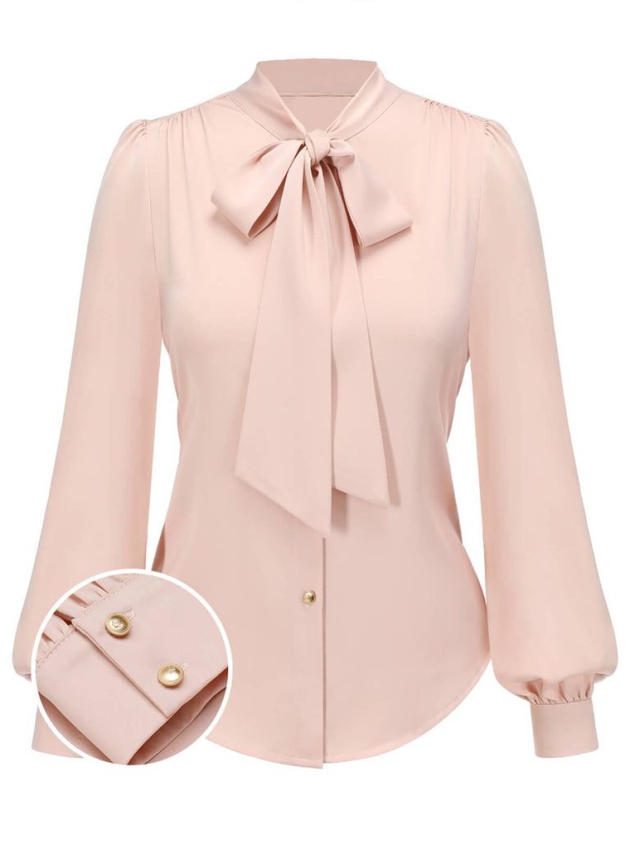 Clothing Retro Stage | 1950S Bowtie Collar Satin Tops Pale Pink