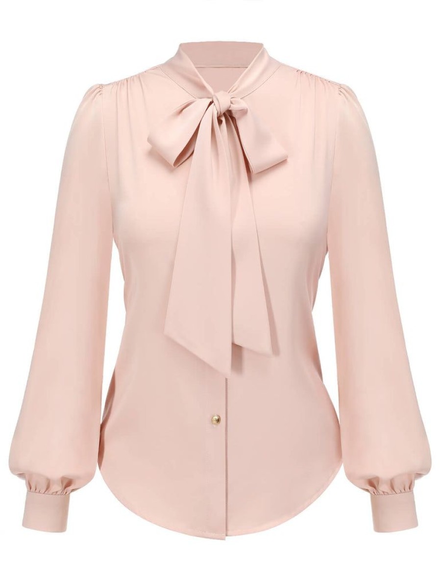 Clothing Retro Stage | 1950S Bowtie Collar Satin Tops Pale Pink