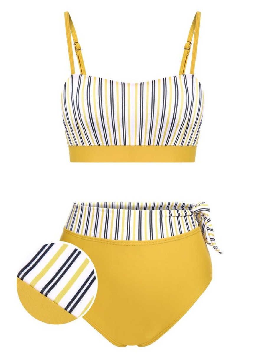 Clothing Retro Stage | 2Pcs 1940S Striped Patchwork Swimsuit Yellow