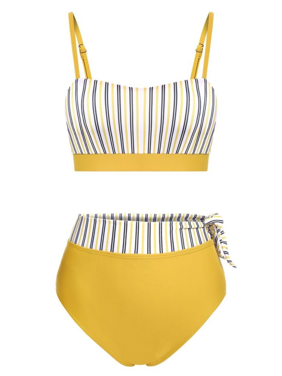 Clothing Retro Stage | 2Pcs 1940S Striped Patchwork Swimsuit Yellow