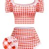 Clothing Retro Stage | 2Pcs 1960S Plaid Lace Patchwork Swimsuit Red