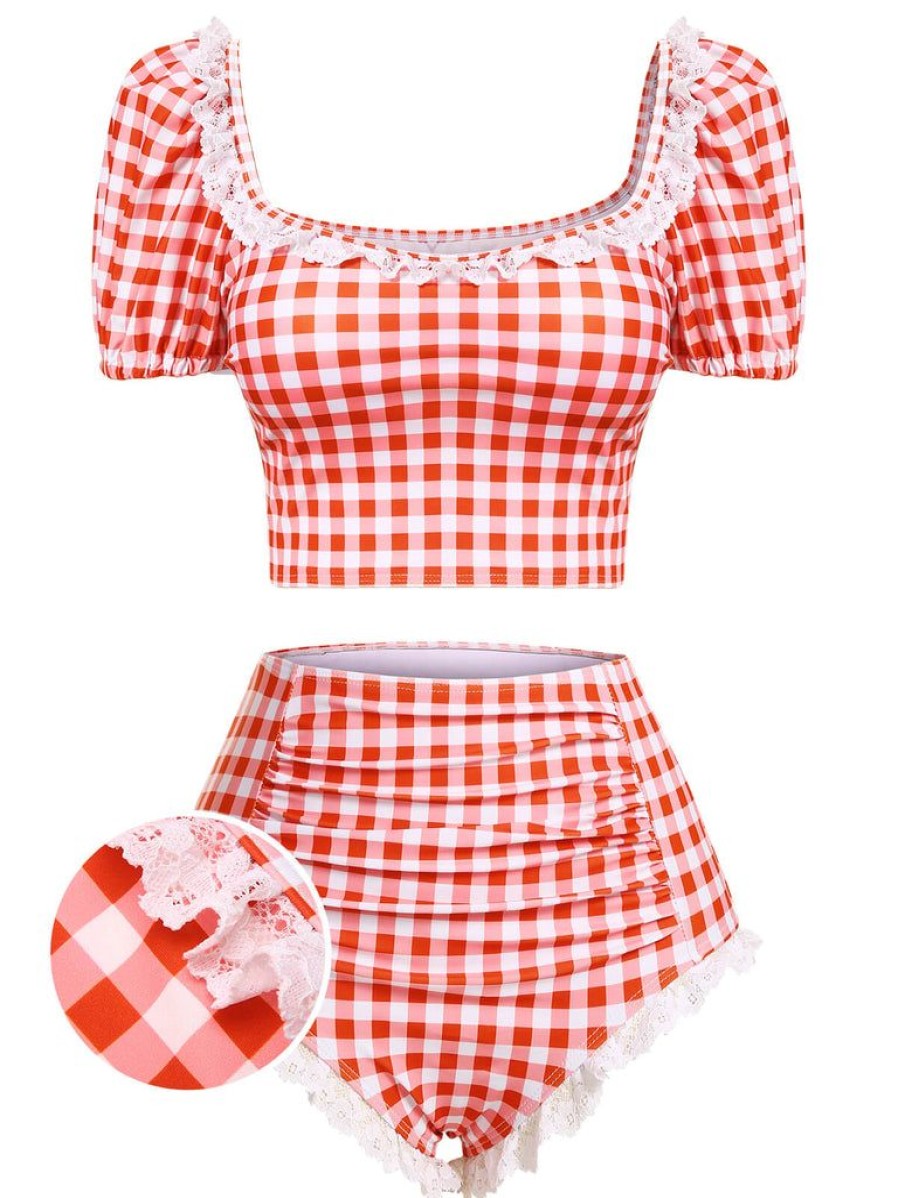 Clothing Retro Stage | 2Pcs 1960S Plaid Lace Patchwork Swimsuit Red