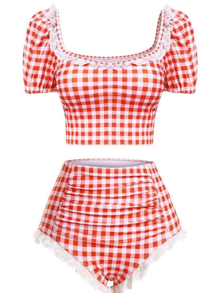 Clothing Retro Stage | 2Pcs 1960S Plaid Lace Patchwork Swimsuit Red