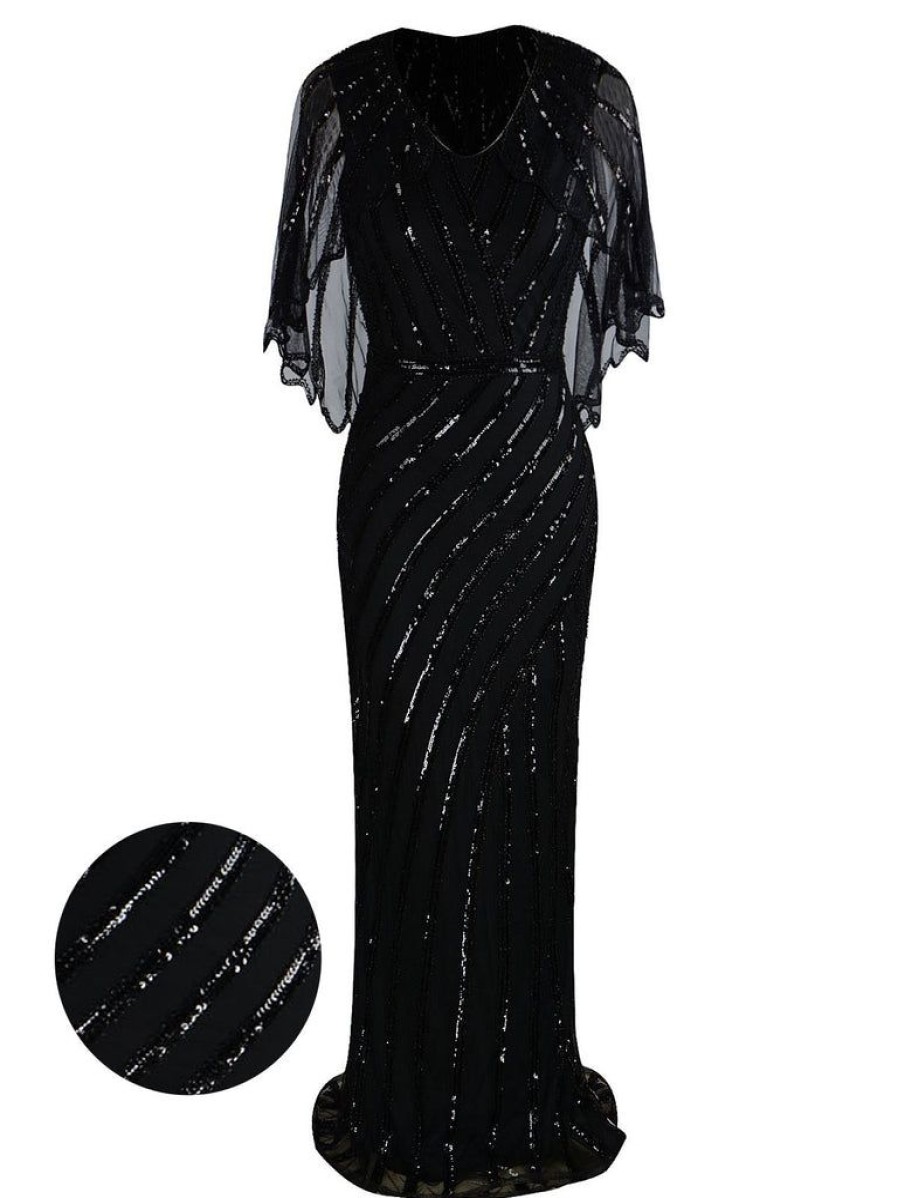 Clothing Retro Stage | 1920S Mesh Sequined Cape Maxi Dress Black