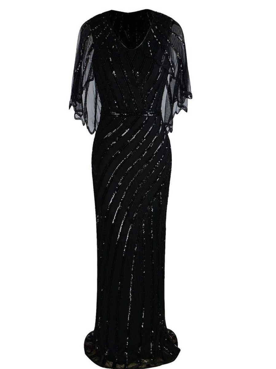 Clothing Retro Stage | 1920S Mesh Sequined Cape Maxi Dress Black