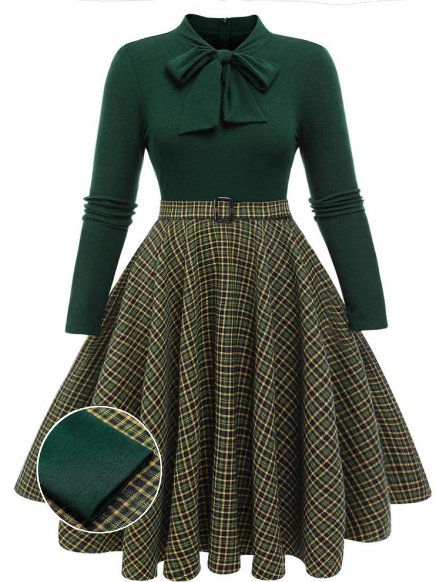 Clothing Retro Stage | [Pre-Sale] [Plus Size] 1950S Plaid Knitting Dress Dark Green