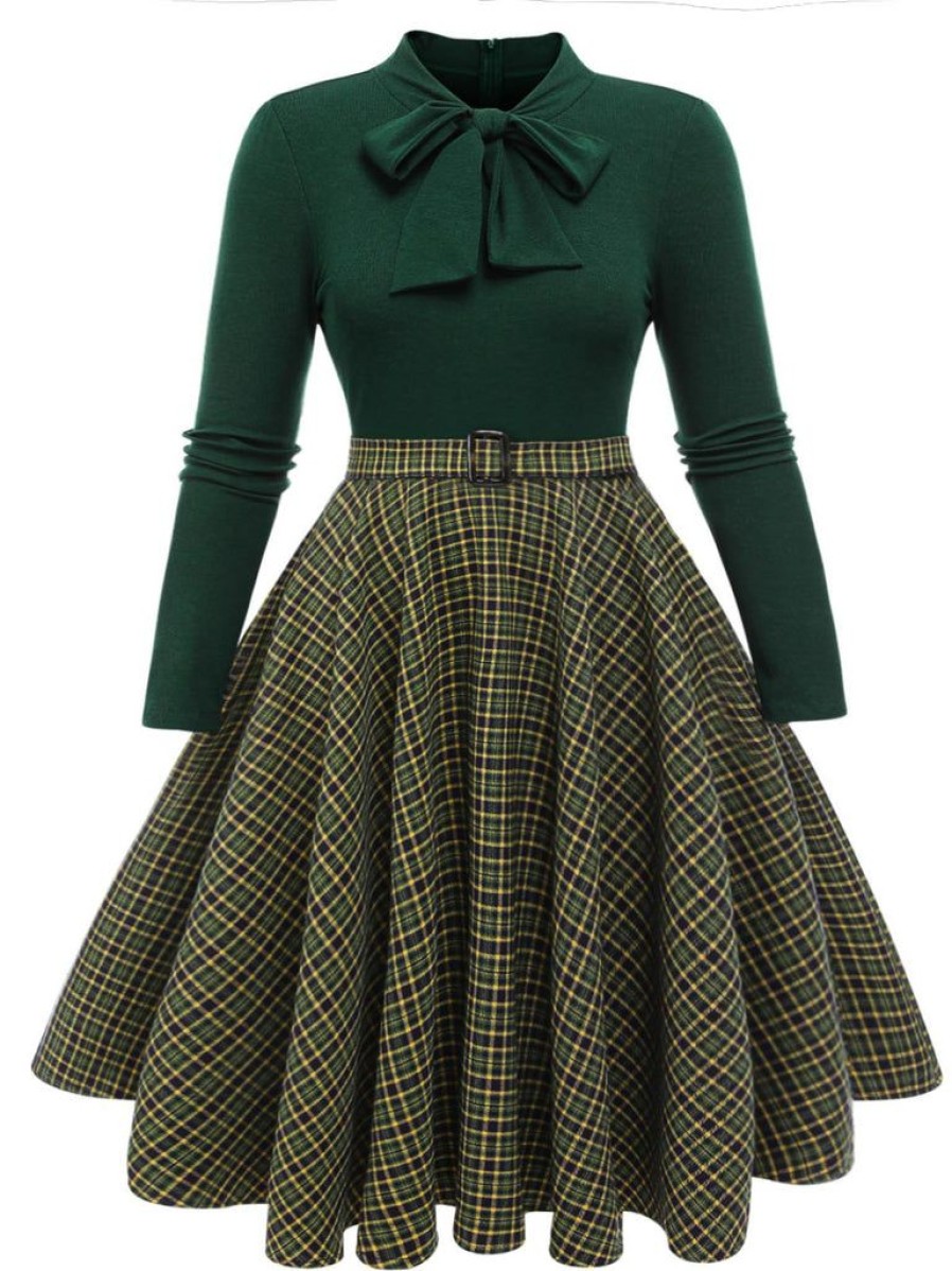 Clothing Retro Stage | [Pre-Sale] [Plus Size] 1950S Plaid Knitting Dress Dark Green