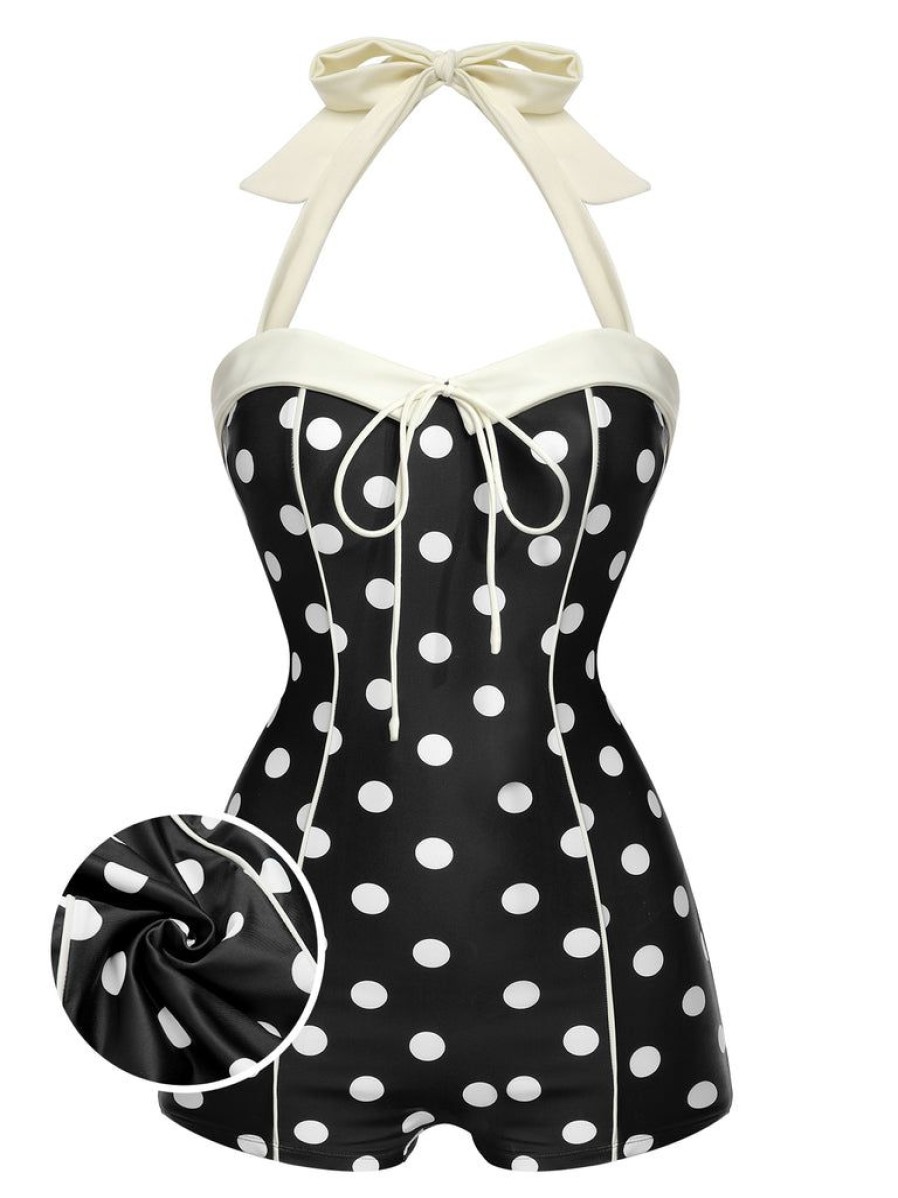 Clothing Retro Stage | 1950S Polka Dots Halter Swimsuit Black