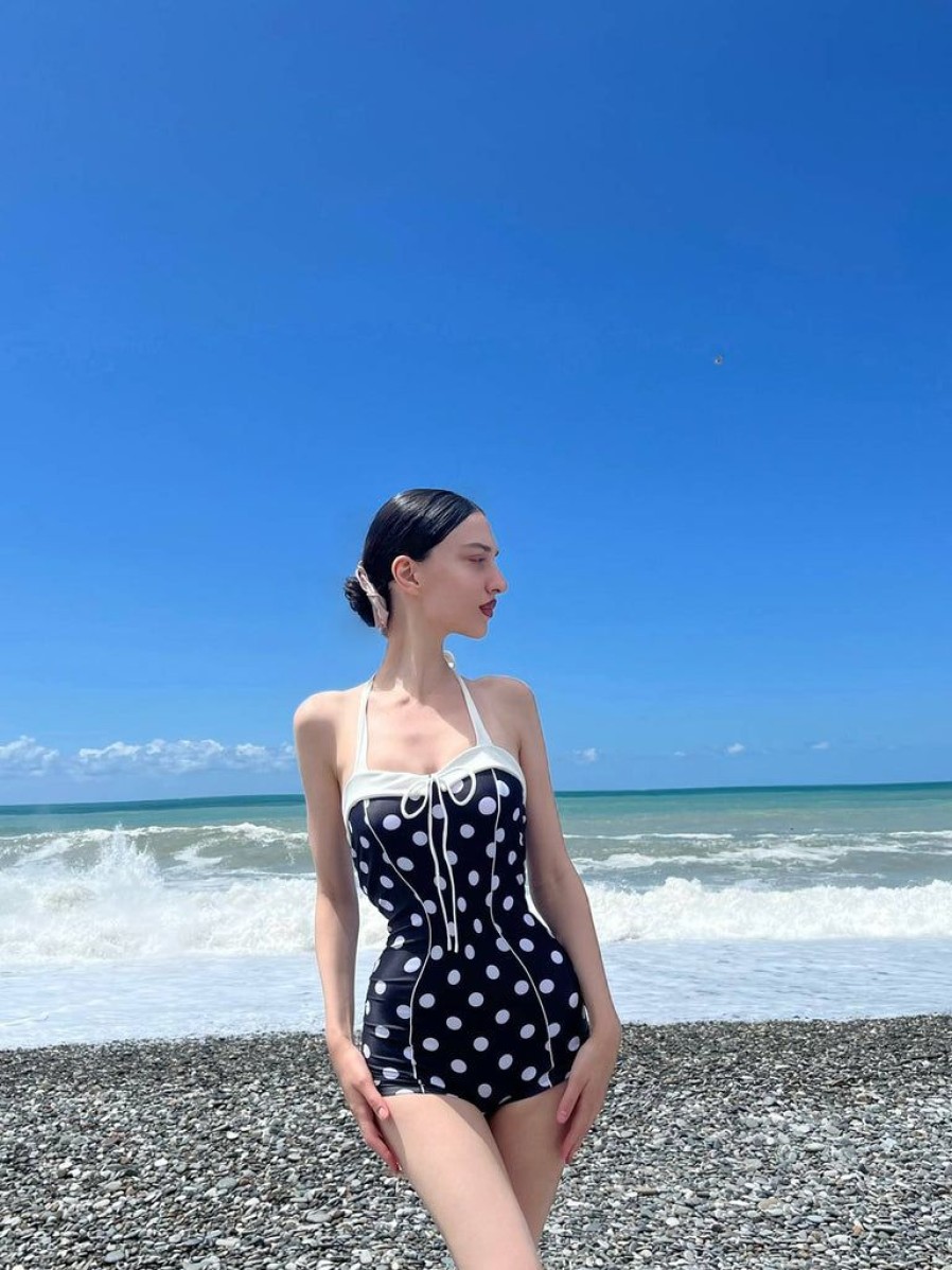 Clothing Retro Stage | 1950S Polka Dots Halter Swimsuit Black