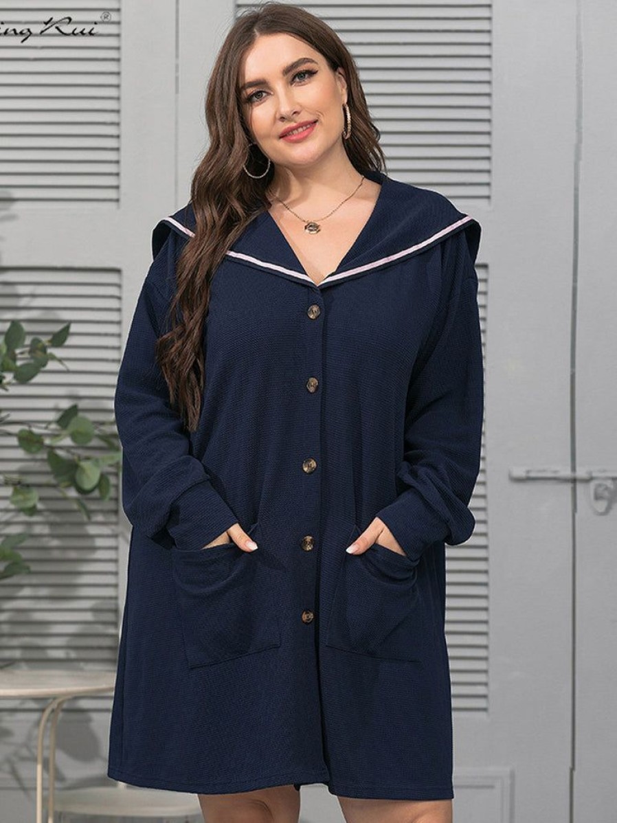 Clothing Retro Stage | [Plus Size] 1940S Double Pocket Solid Long Sleeve Coat Dark Blue