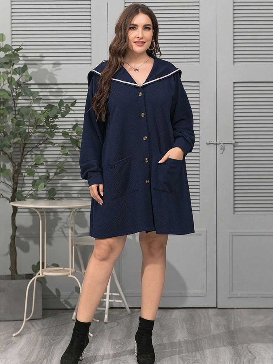 Clothing Retro Stage | [Plus Size] 1940S Double Pocket Solid Long Sleeve Coat Dark Blue