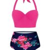 Clothing Retro Stage | 1950S Halter Flowers Bikini Set Rose Red