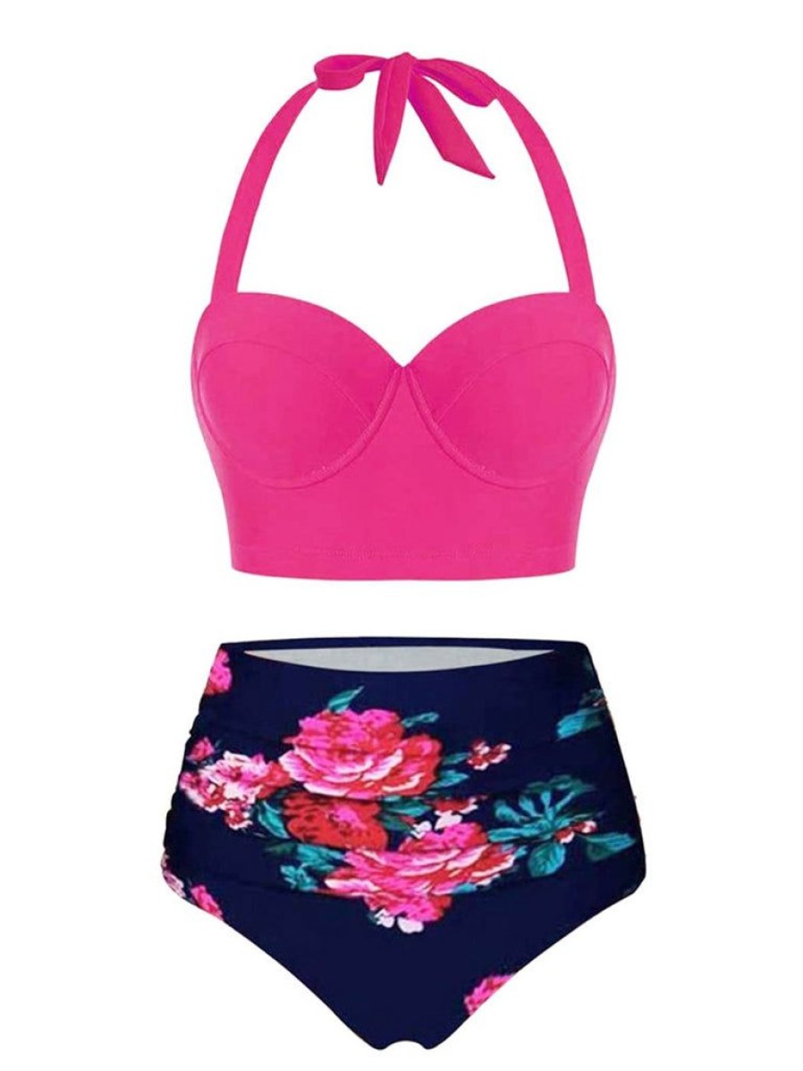 Clothing Retro Stage | 1950S Halter Flowers Bikini Set Rose Red